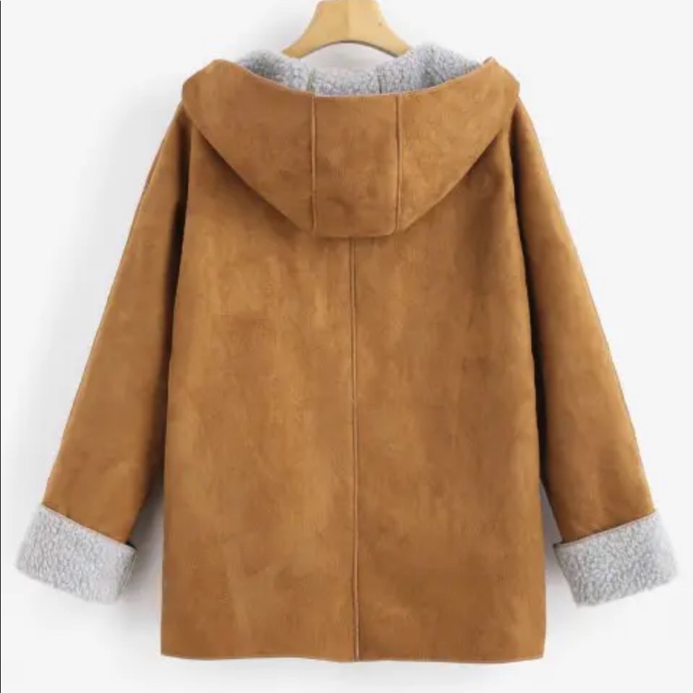 Shearling - Cuffed Sleeves Hooded Coat - Picture 3 of 10